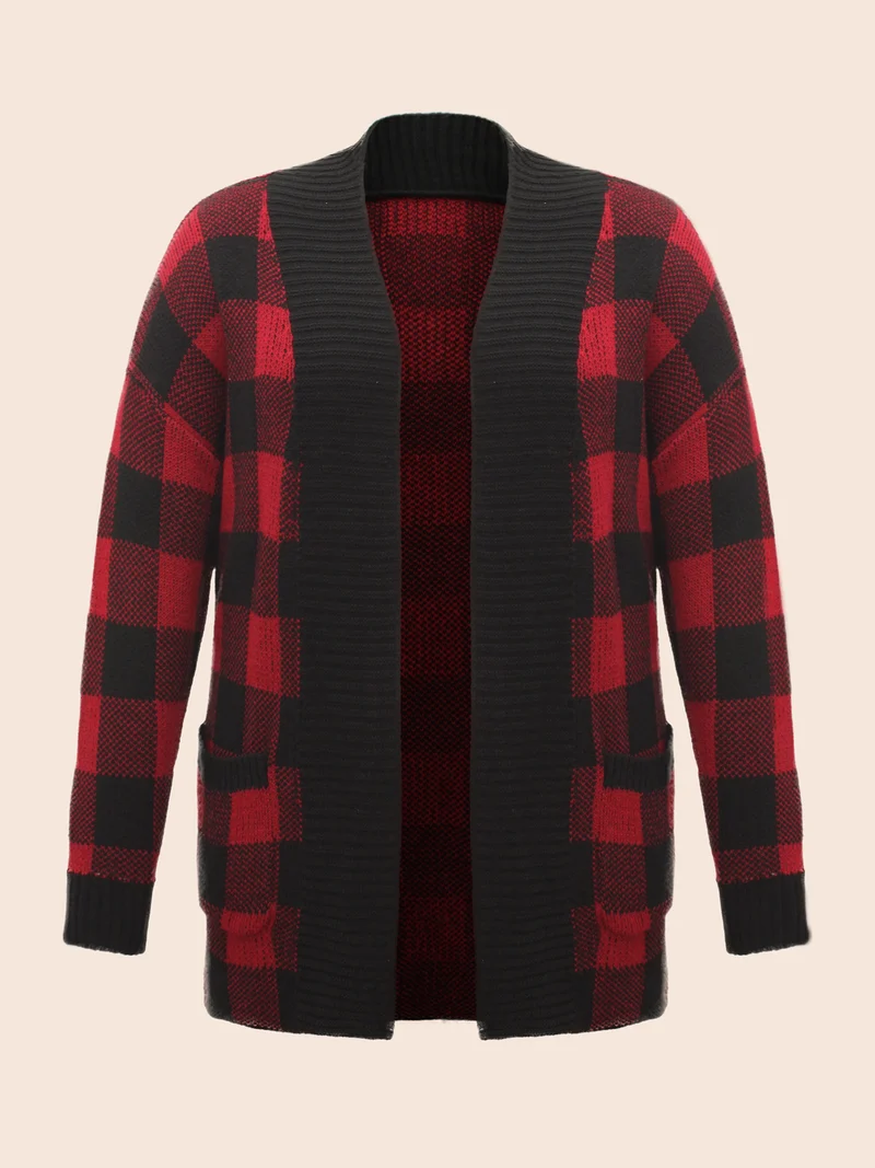Plaid Pattern Ribbed Detailing Open Cardigan