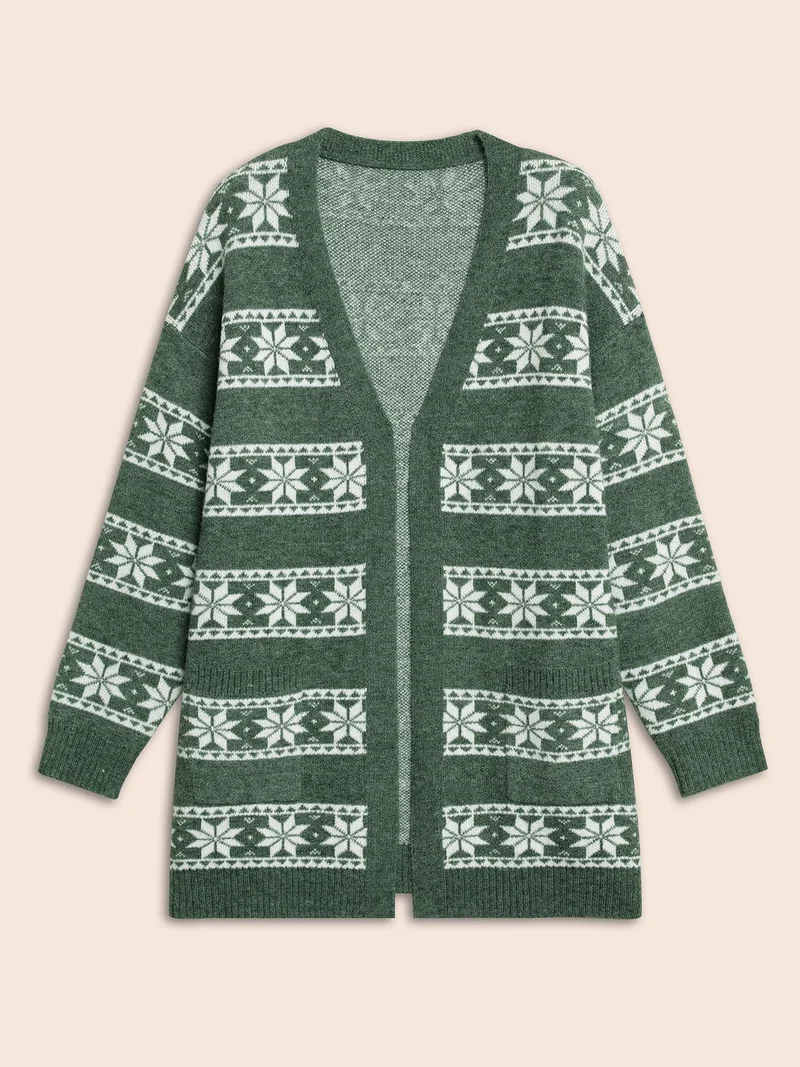 Snowflakes Striped Jacquard Open Cardigan