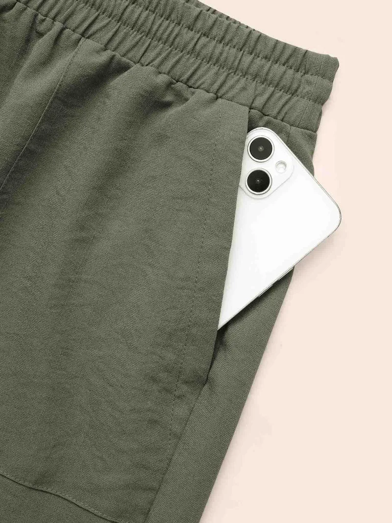 Mid Rise Patched Pocket Drawstring Pants