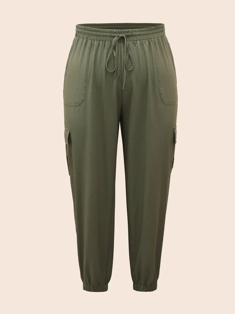 Mid Rise Patched Pocket Drawstring Pants