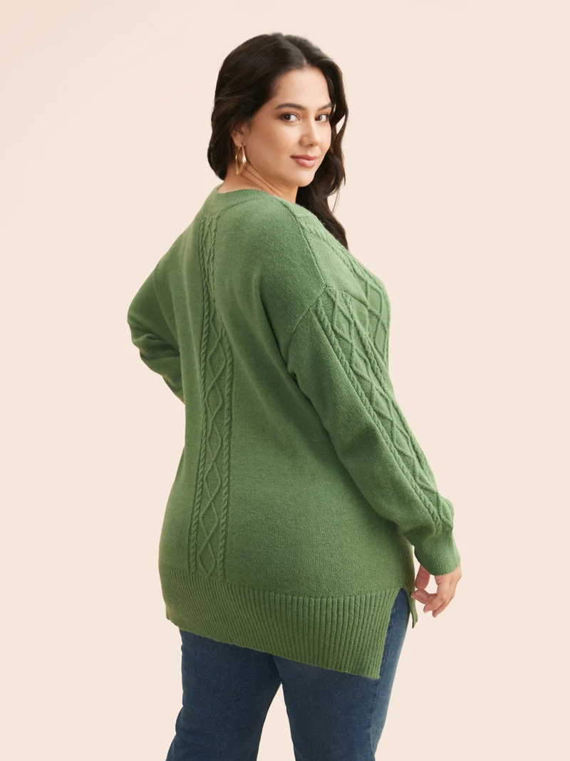 Cable Knit Drop Shoulder Slit Hem Pullover