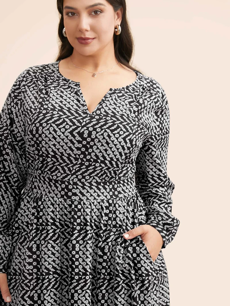 Geometric Notched Lantern Sleeve Midi Dress