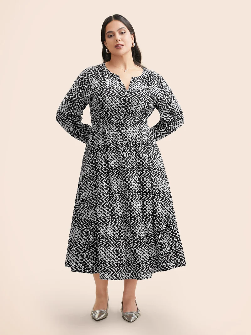 Geometric Notched Lantern Sleeve Midi Dress