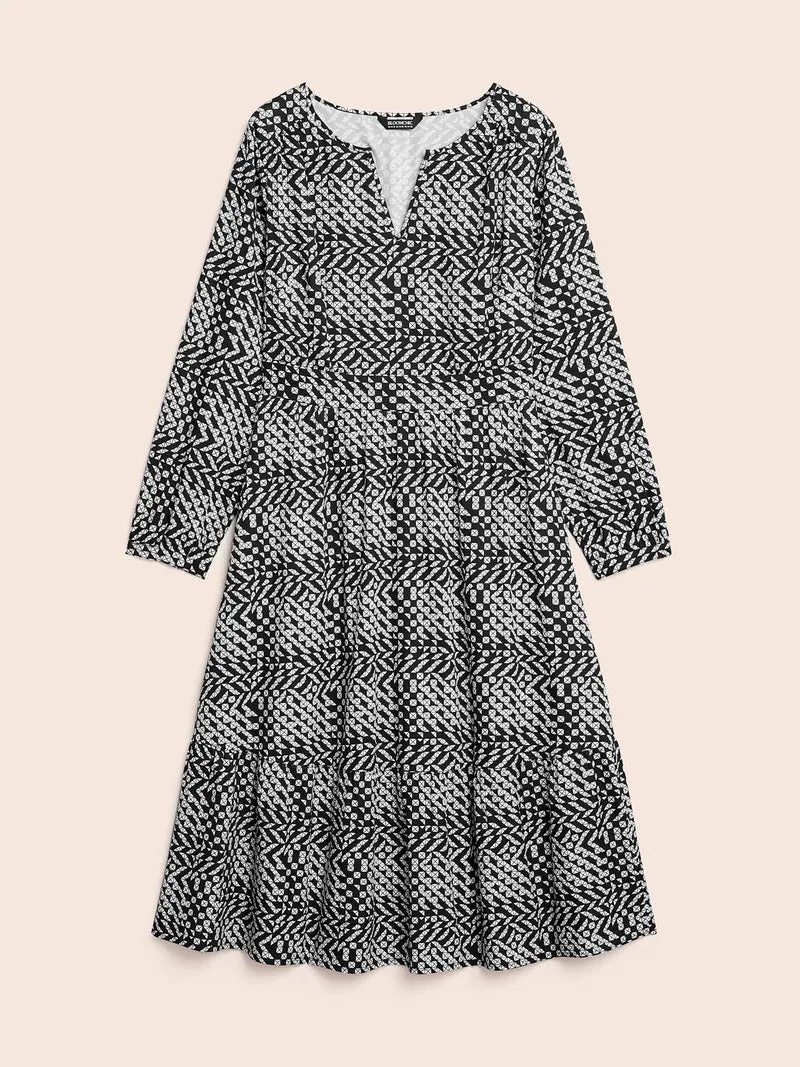 Geometric Notched Lantern Sleeve Midi Dress