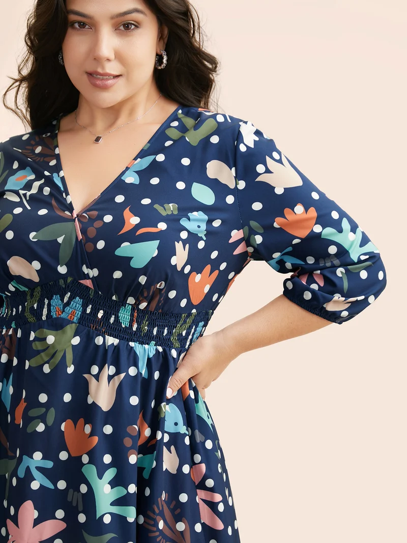 Overlap Collar Polka Dot Floral Shirred Dress