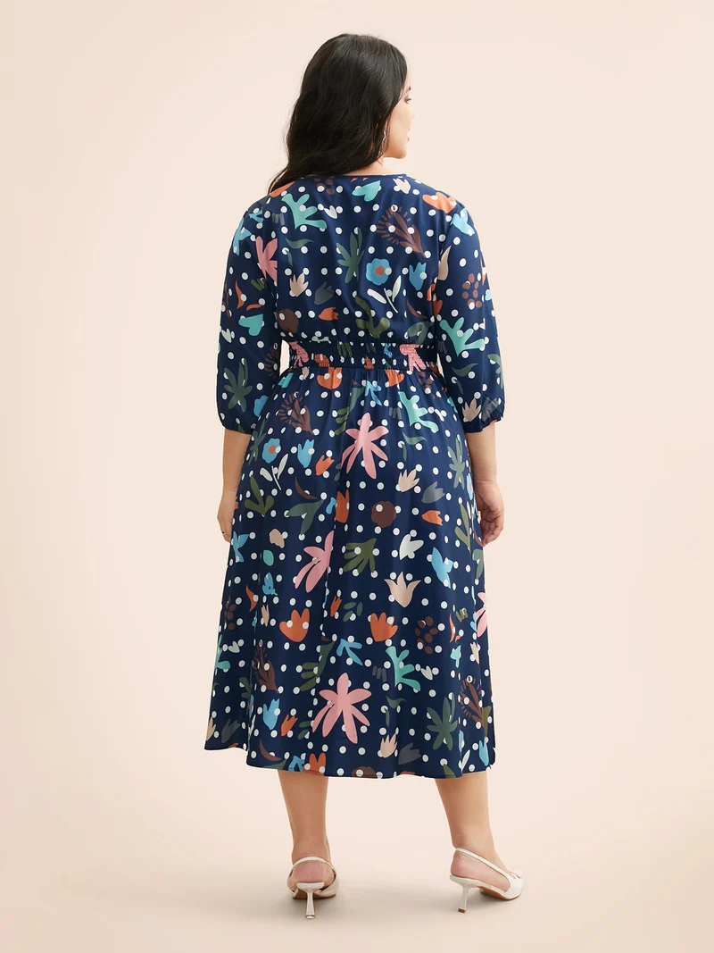 Overlap Collar Polka Dot Floral Shirred Dress