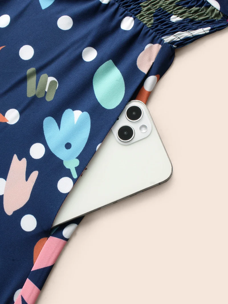 Overlap Collar Polka Dot Floral Shirred Dress