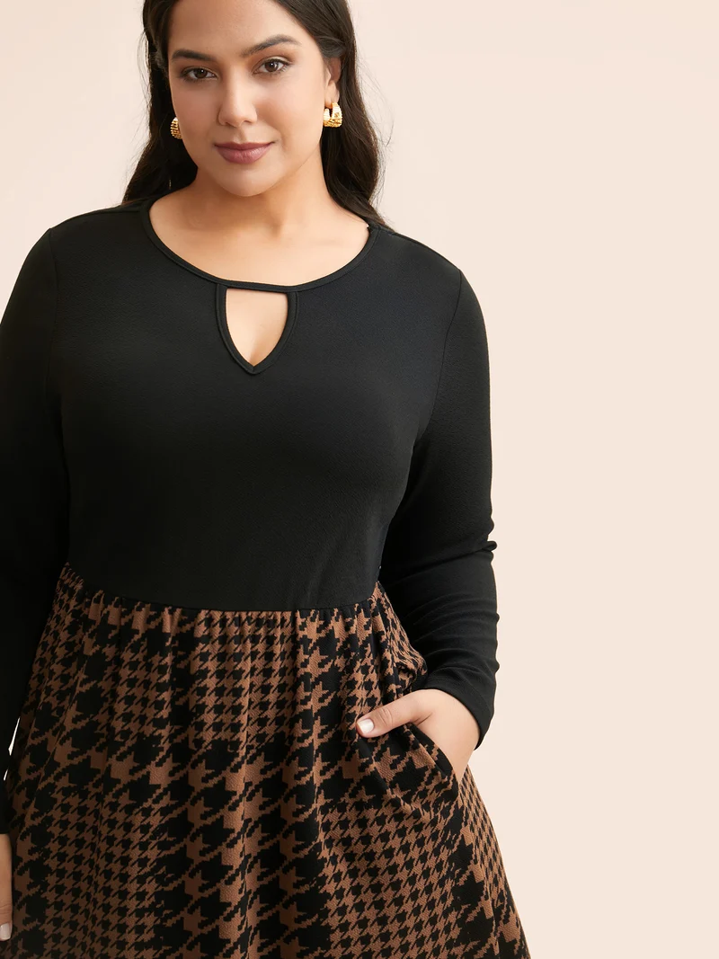 Houndstooth Patchwork Cut Out Midi Dress