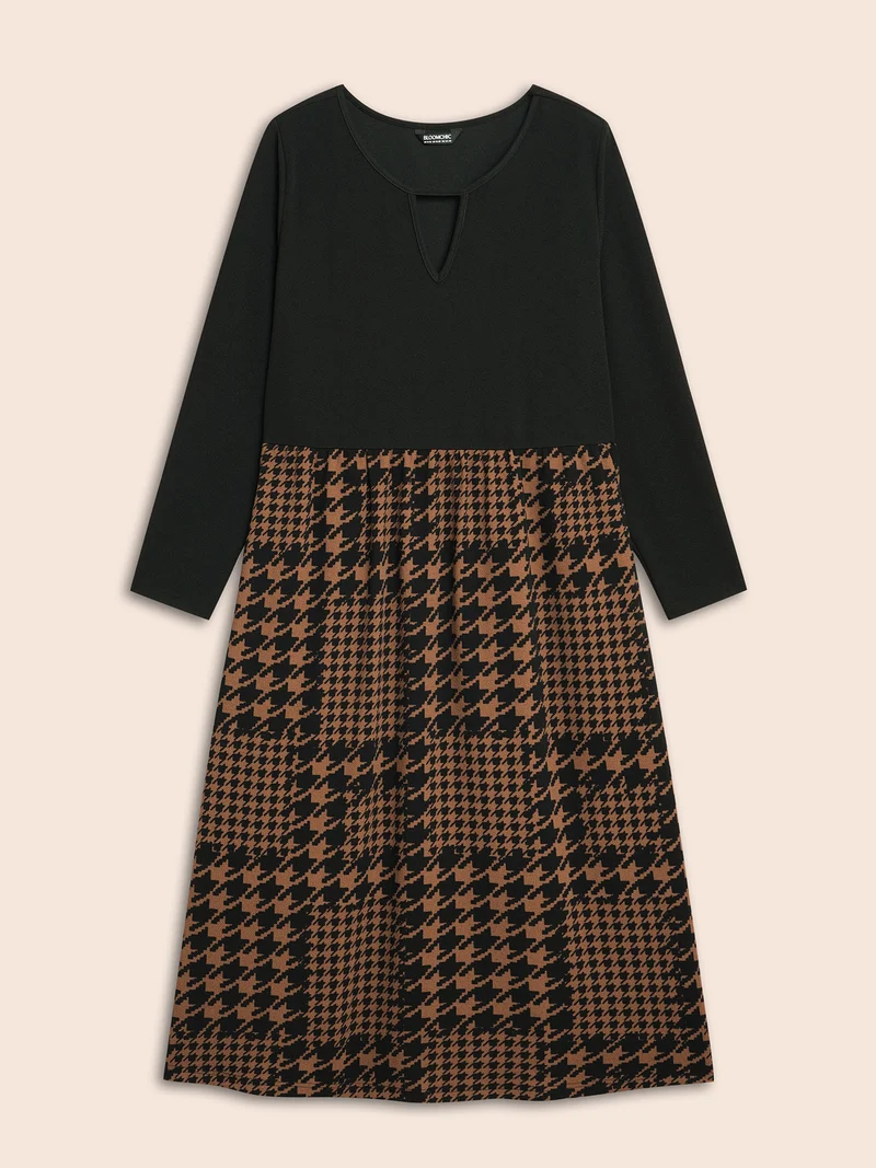 Houndstooth Patchwork Cut Out Midi Dress