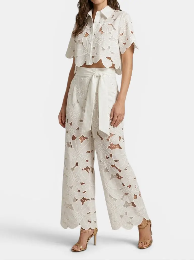Women's Floral Lace Co Ord Set | Elegant Cropped Top and Wide-Leg Trousers for Spring/Summer