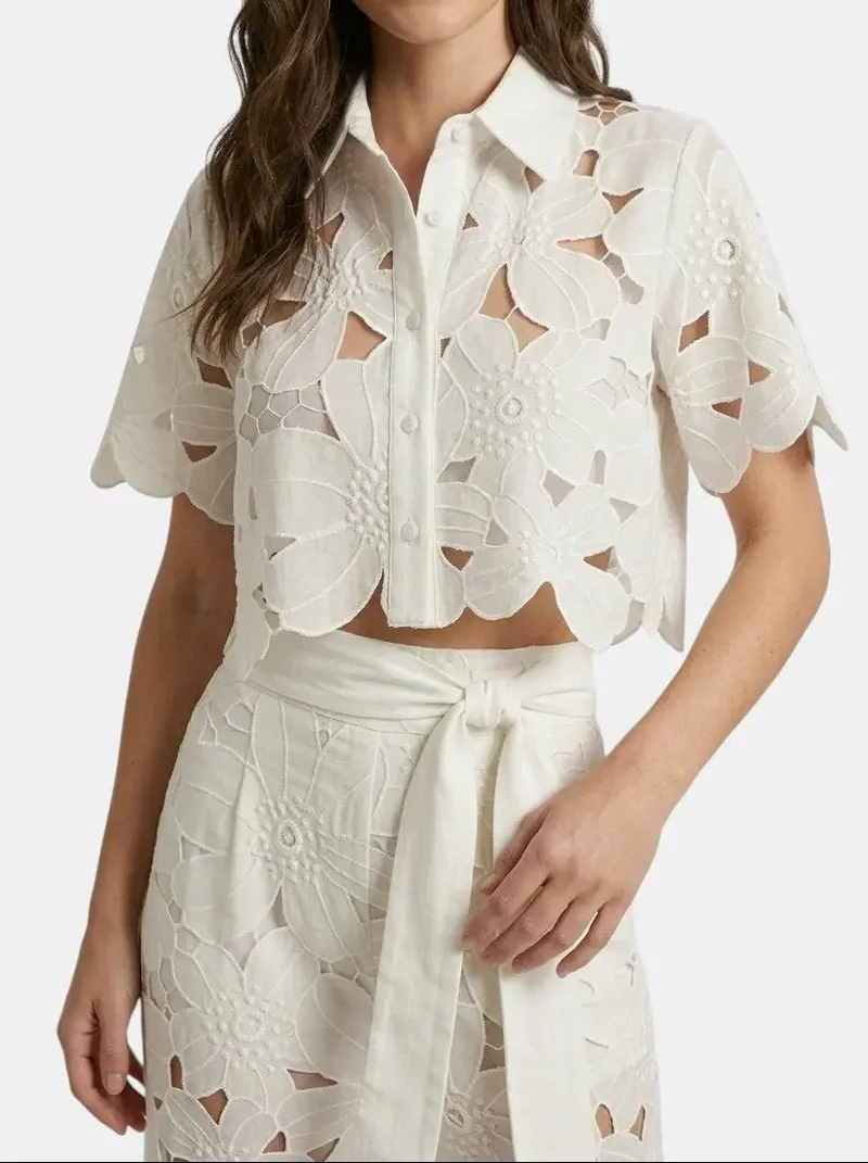 Women's Floral Lace Co Ord Set | Elegant Cropped Top and Wide-Leg Trousers for Spring/Summer