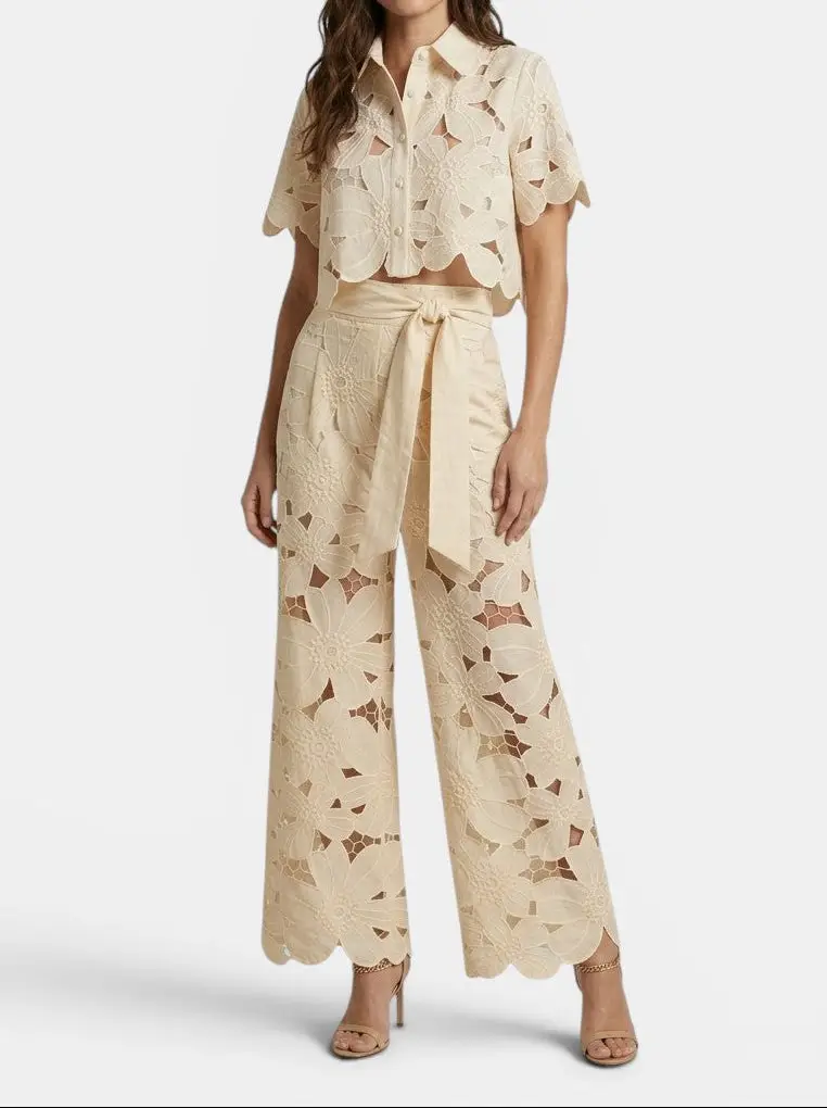 Women's Floral Lace Co Ord Set | Elegant Cropped Top and Wide-Leg Trousers for Spring/Summer