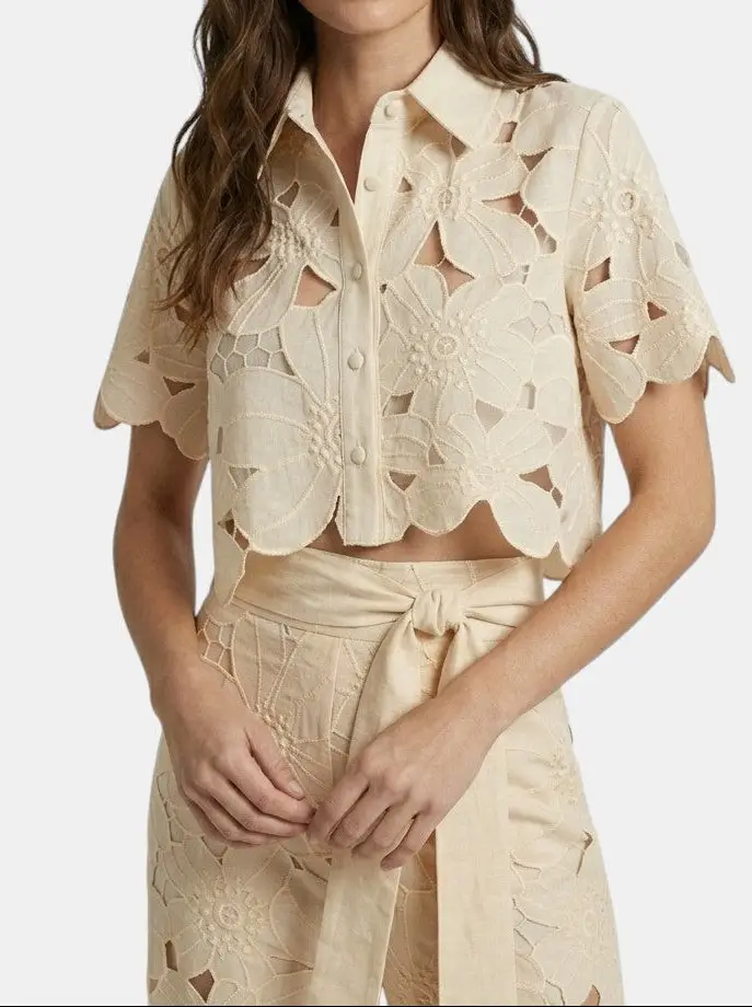 Women's Floral Lace Co Ord Set | Elegant Cropped Top and Wide-Leg Trousers for Spring/Summer