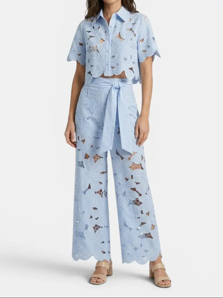 Women's Floral Lace Co Ord Set | Elegant Cropped Top and Wide-Leg Trousers for Spring/Summer