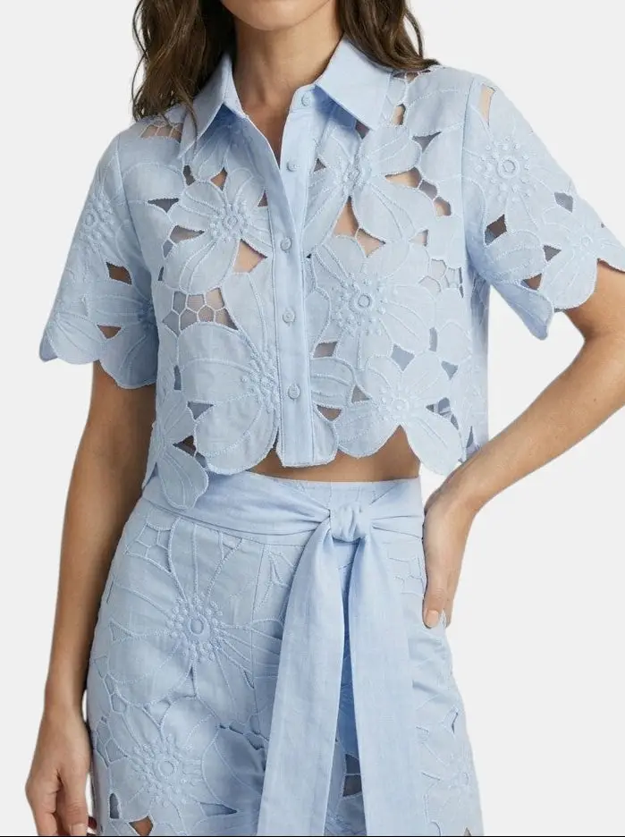 Women's Floral Lace Co Ord Set | Elegant Cropped Top and Wide-Leg Trousers for Spring/Summer