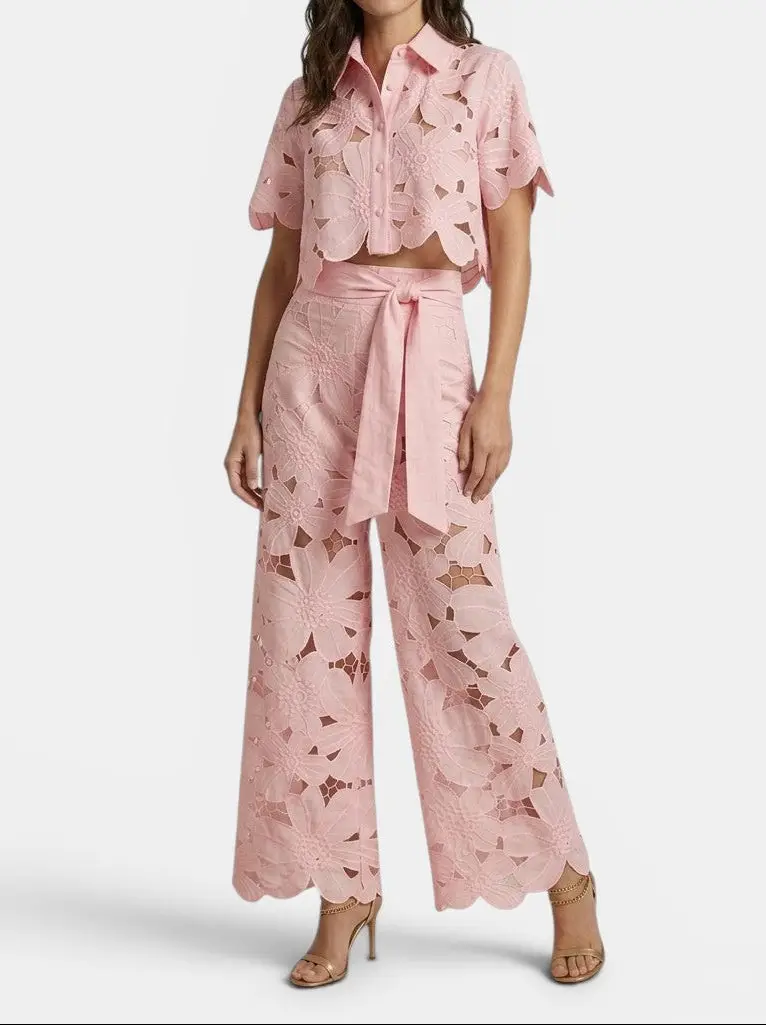 Women's Floral Lace Co Ord Set | Elegant Cropped Top and Wide-Leg Trousers for Spring/Summer