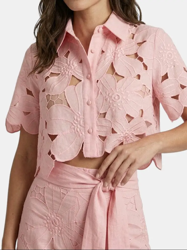 Women's Floral Lace Co Ord Set | Elegant Cropped Top and Wide-Leg Trousers for Spring/Summer