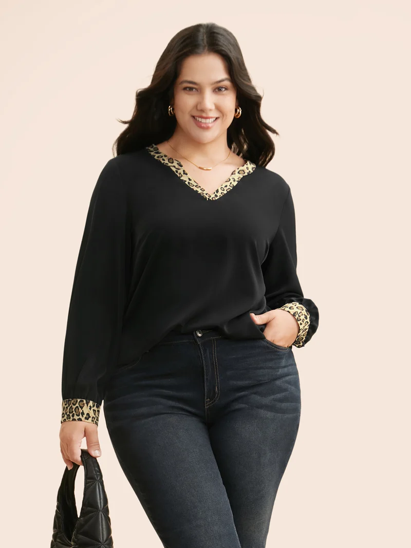 V Neck Leopard Print Patchwork Blouse