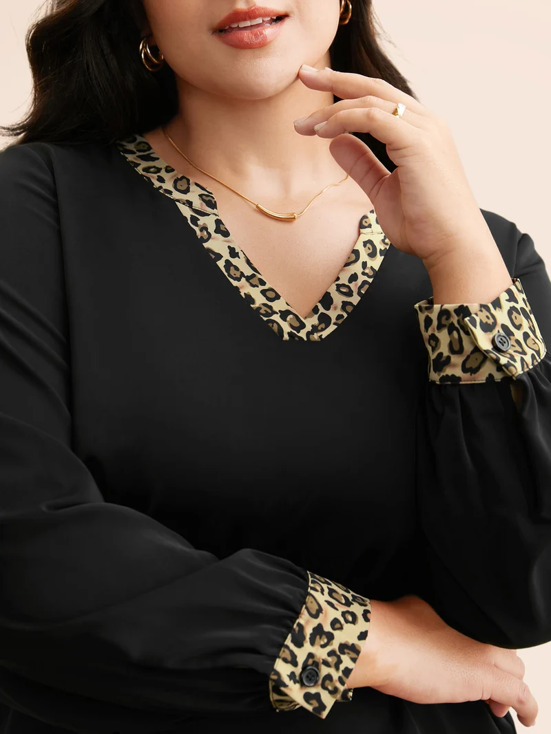 V Neck Leopard Print Patchwork Blouse