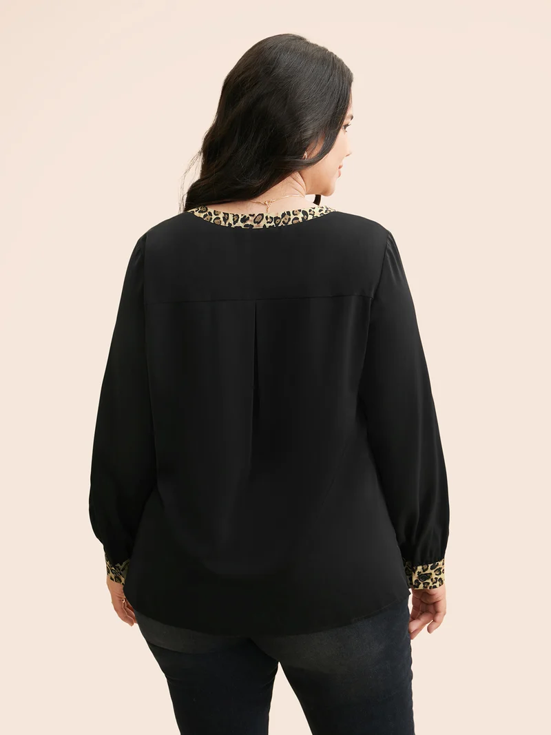 V Neck Leopard Print Patchwork Blouse