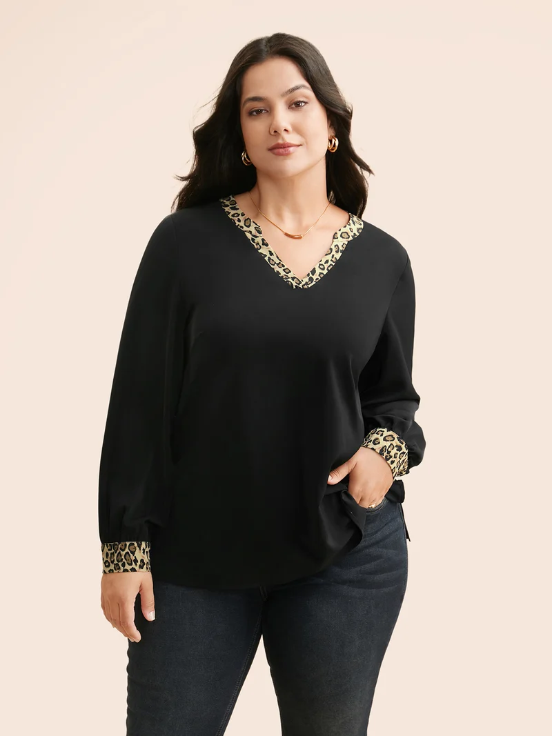 V Neck Leopard Print Patchwork Blouse