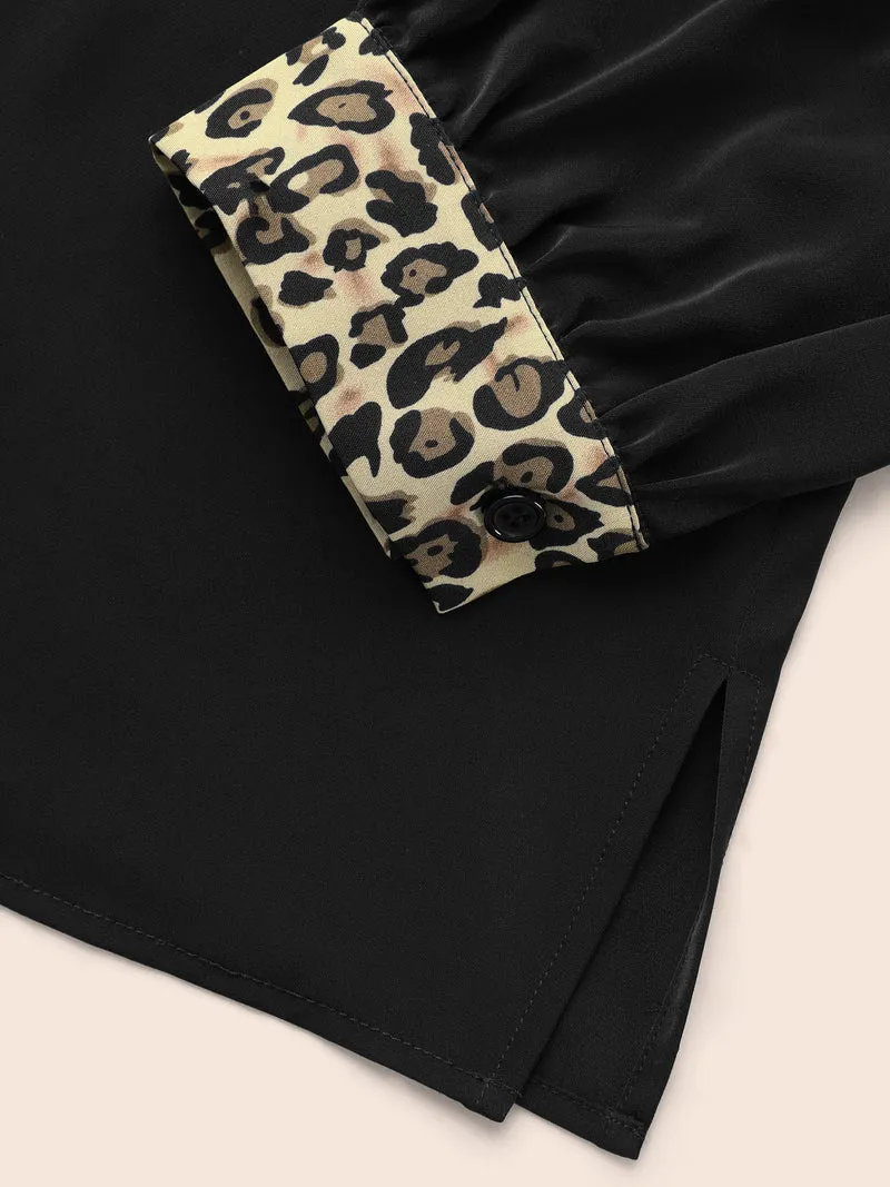 V Neck Leopard Print Patchwork Blouse