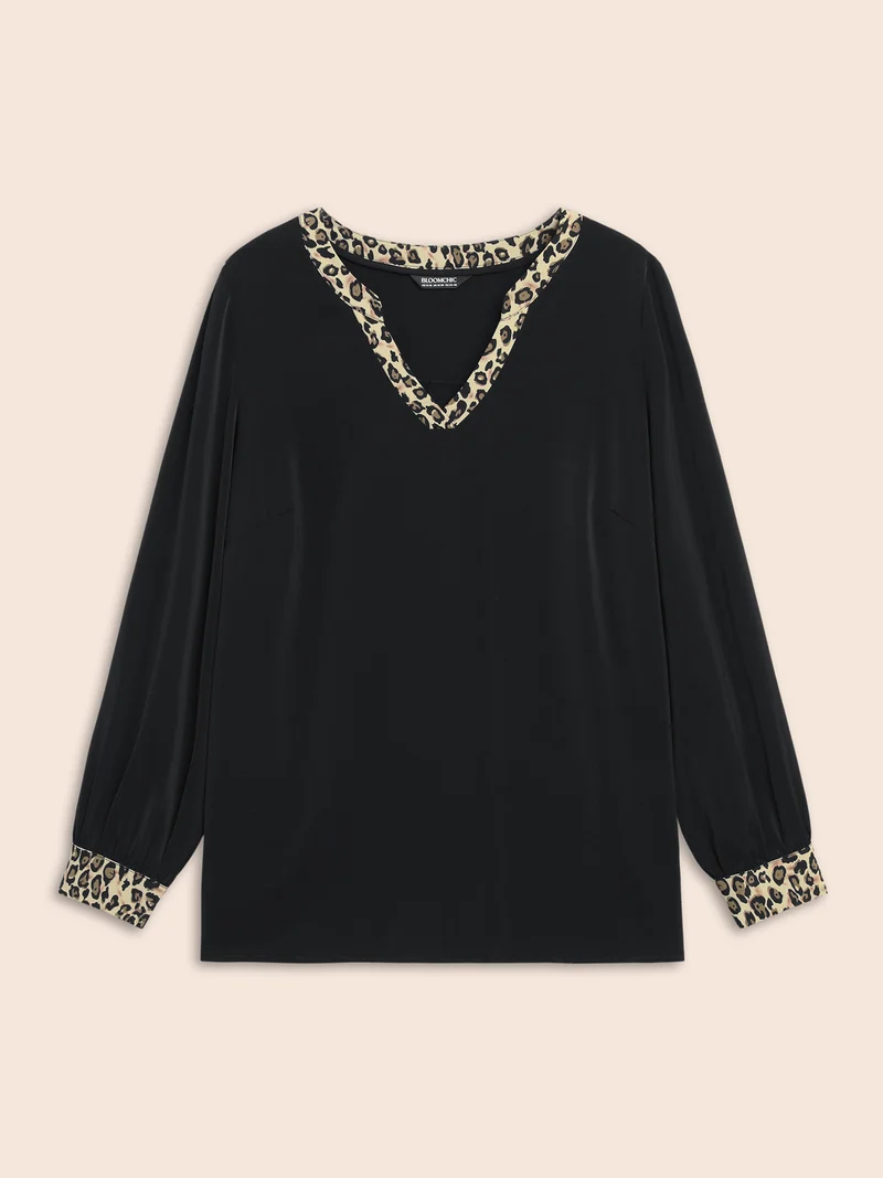 V Neck Leopard Print Patchwork Blouse