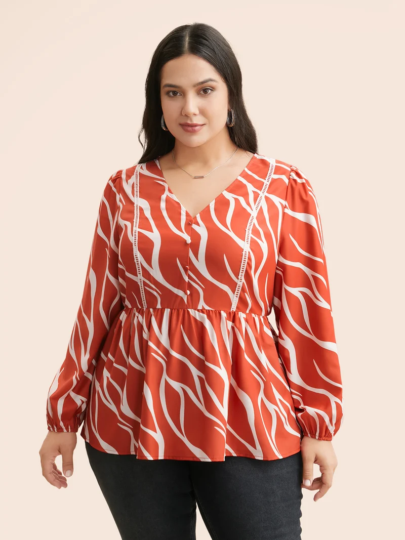 Geometric Contrast Webbing Button Detail Blouse