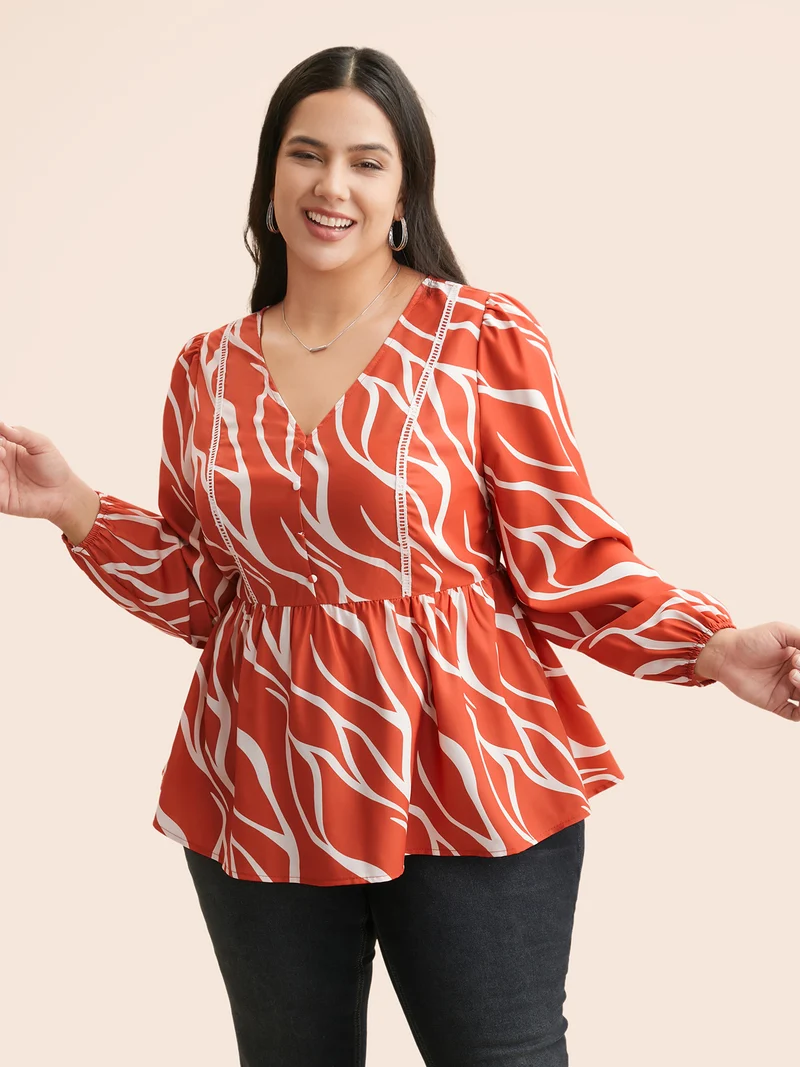 Geometric Contrast Webbing Button Detail Blouse
