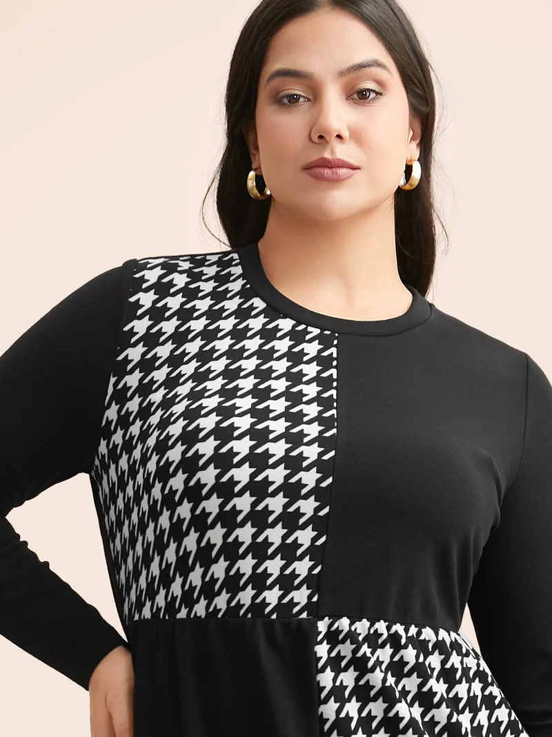 Houndstooth Patchwork Elastic Waist Dress