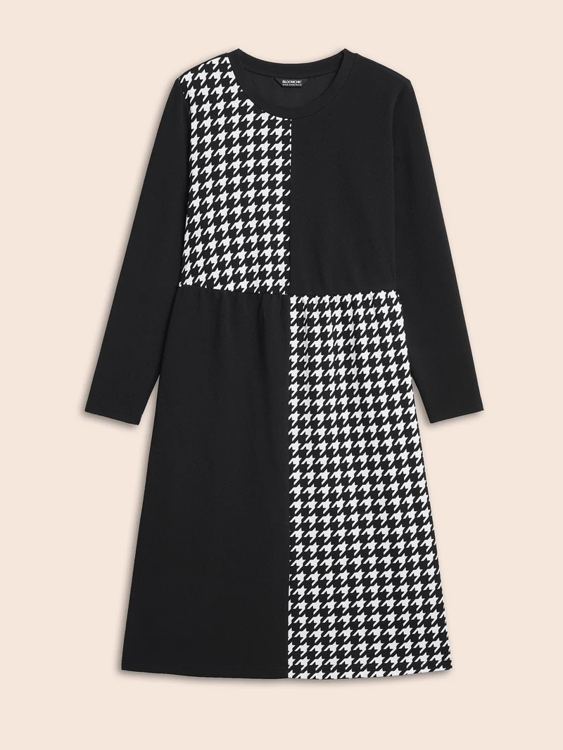 Houndstooth Patchwork Elastic Waist Dress