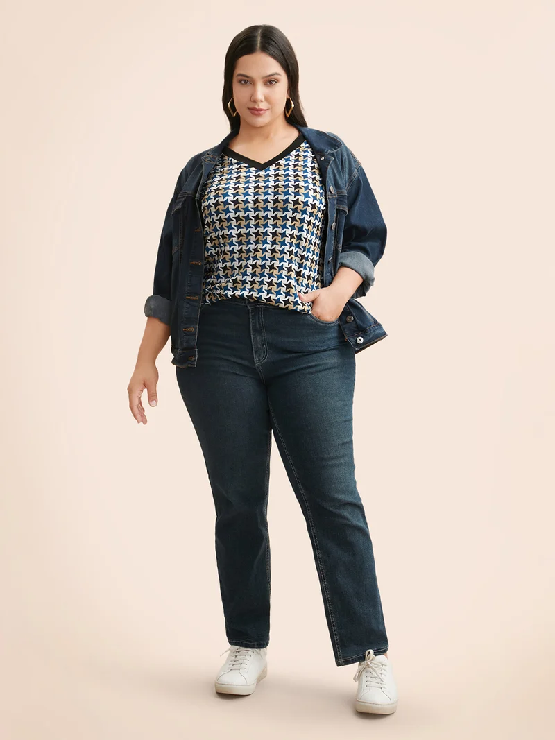 V Neck Geometric Patchwork Contrast T-shirt