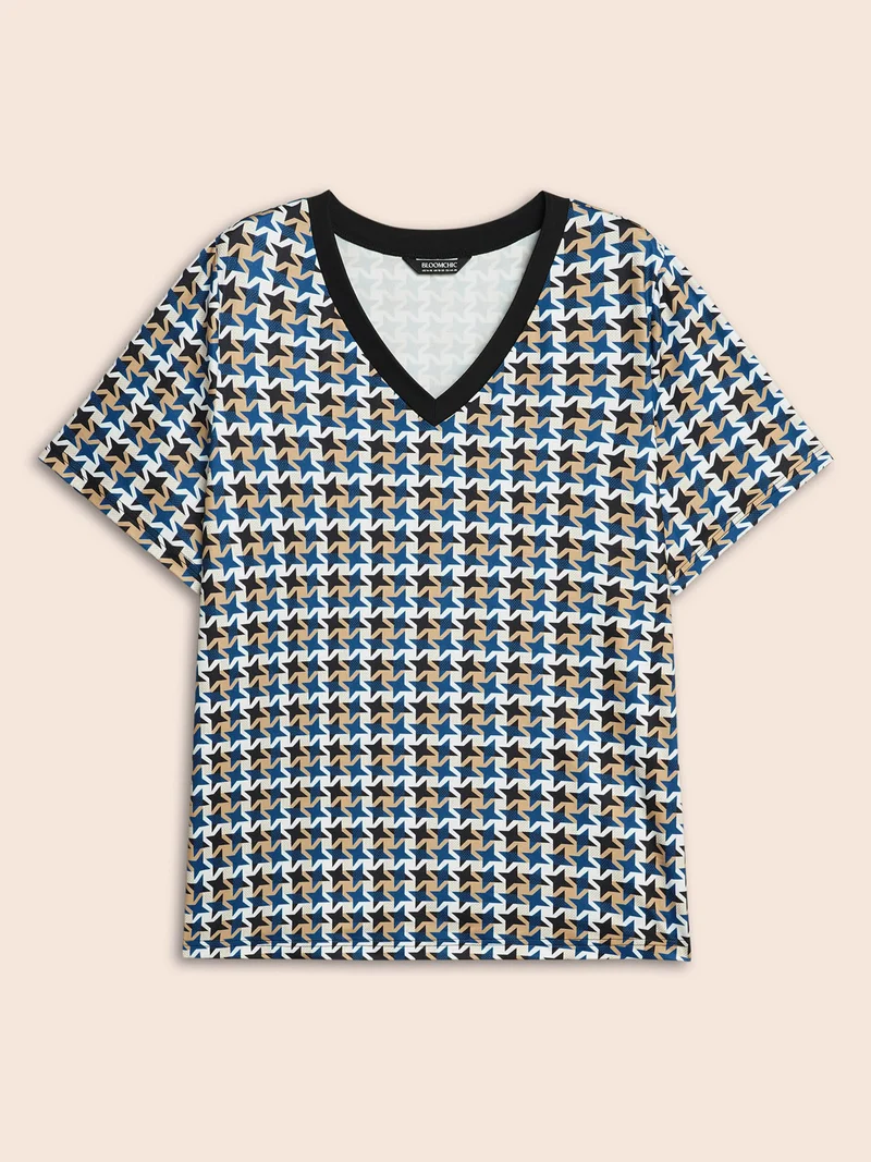 V Neck Geometric Patchwork Contrast T-shirt