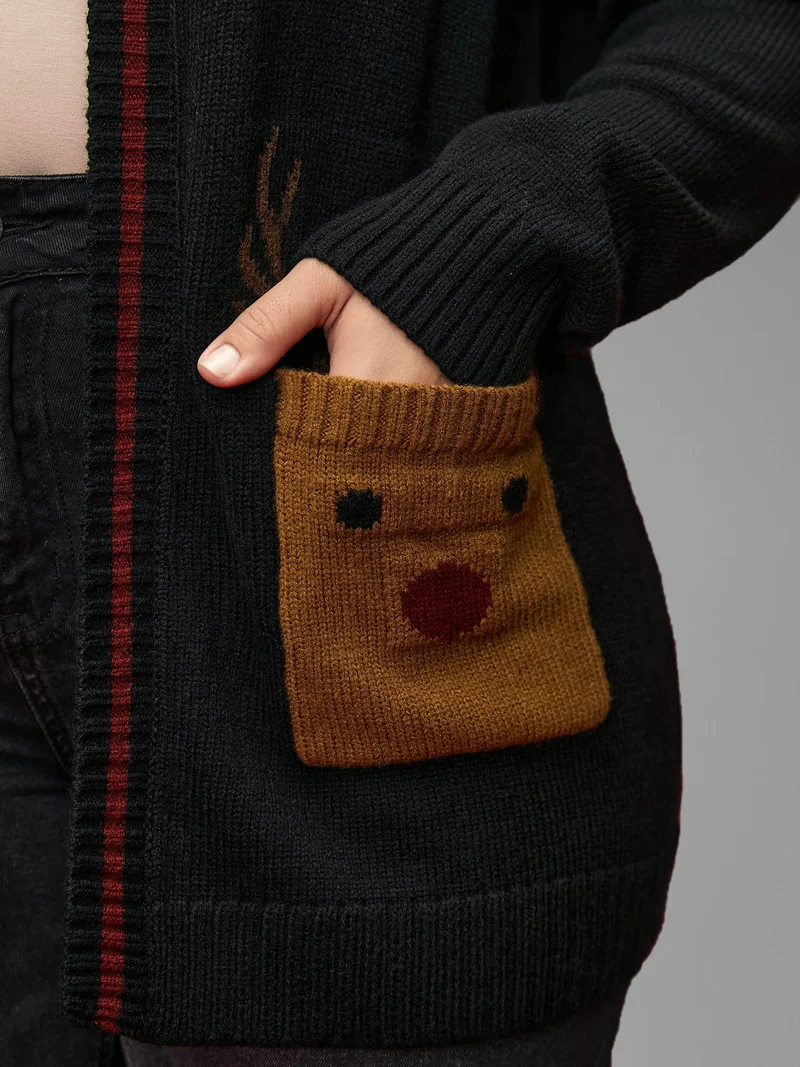Reindeer Pockets Contrast Placket Open Cardigan