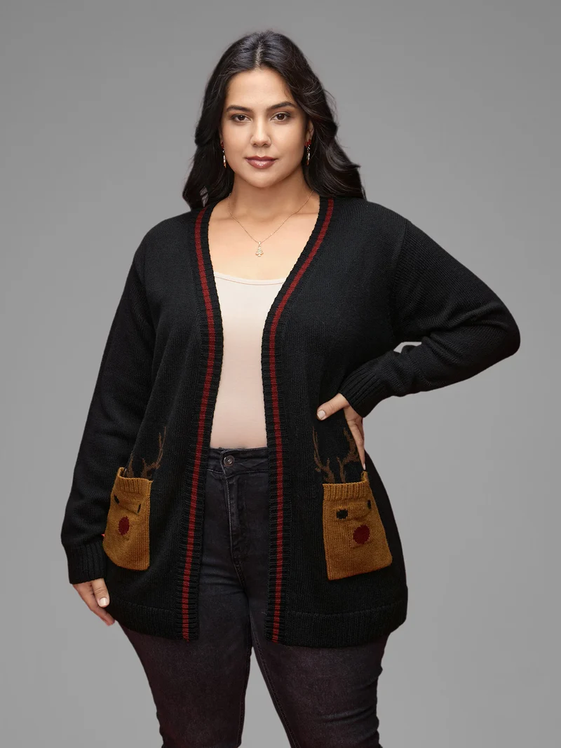 Reindeer Pockets Contrast Placket Open Cardigan