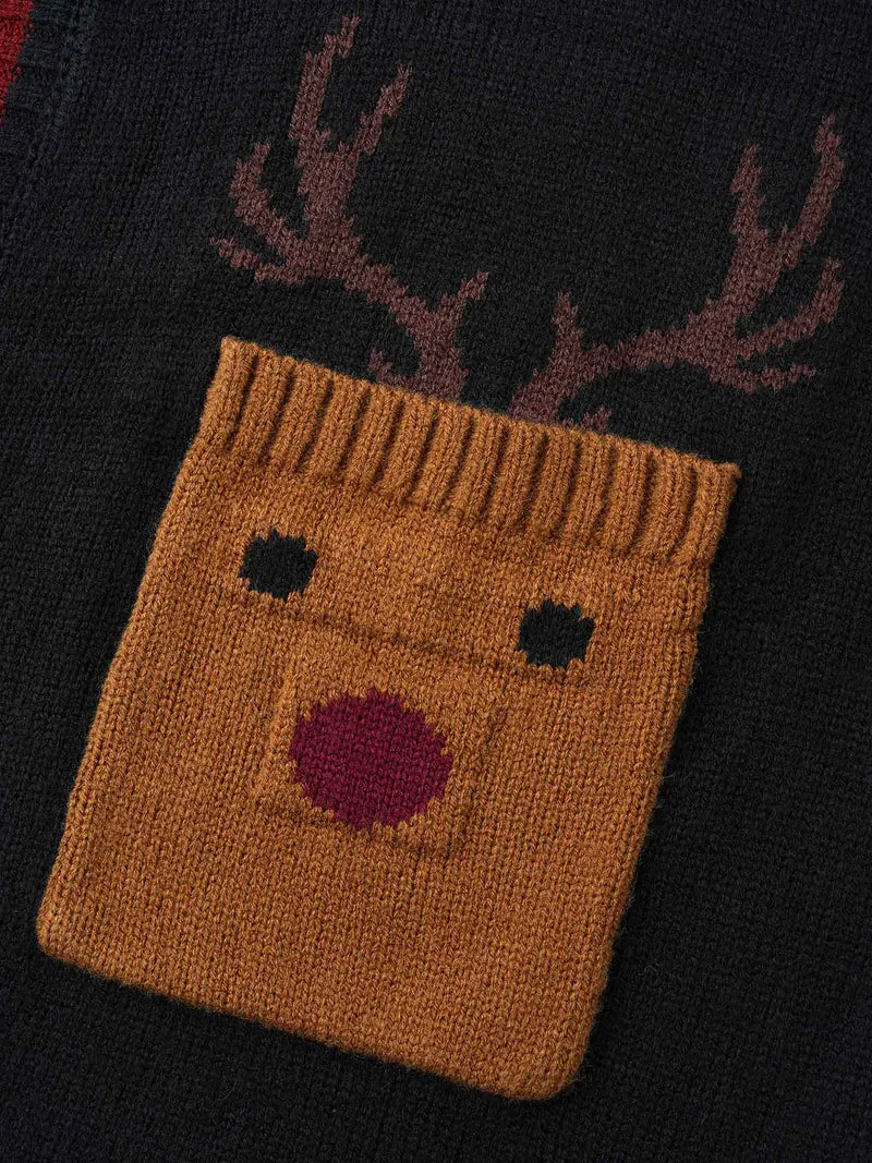Reindeer Pockets Contrast Placket Open Cardigan