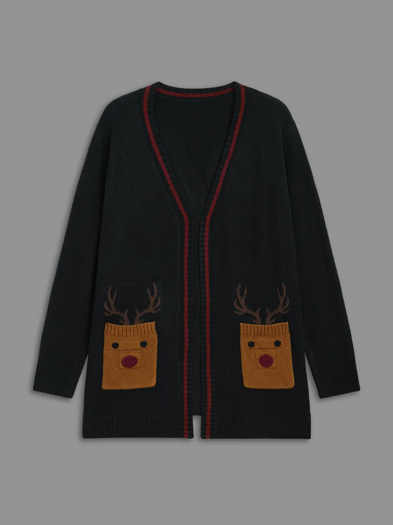Reindeer Pockets Contrast Placket Open Cardigan