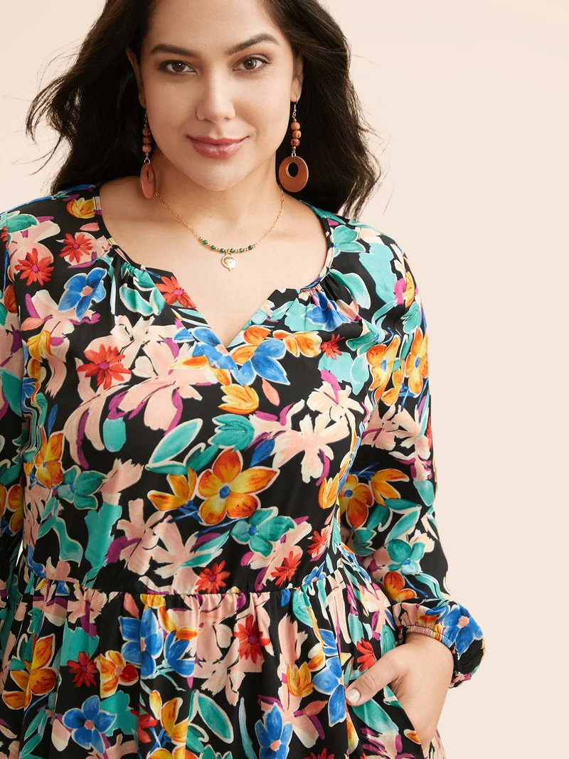 Colored Floral Notched Elastic Waist Midi Dress