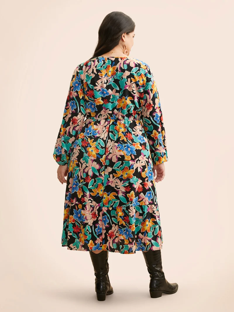 Colored Floral Notched Elastic Waist Midi Dress