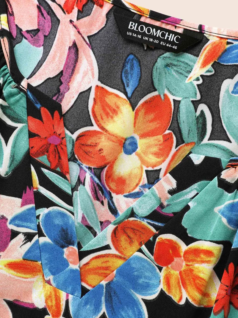 Colored Floral Notched Elastic Waist Midi Dress