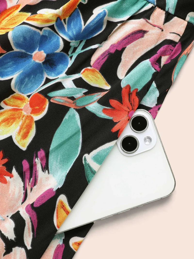 Colored Floral Notched Elastic Waist Midi Dress