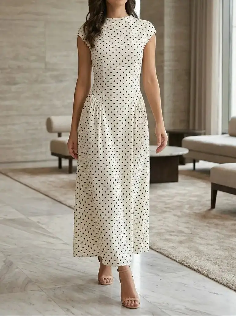 Women's Elegant Polka Dot Maxi Dress | Chic Cap Sleeve A-Line Summer Gown