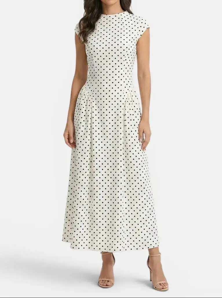 Women's Elegant Polka Dot Maxi Dress | Chic Cap Sleeve A-Line Summer Gown