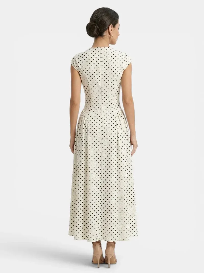 Women's Elegant Polka Dot Maxi Dress | Chic Cap Sleeve A-Line Summer Gown