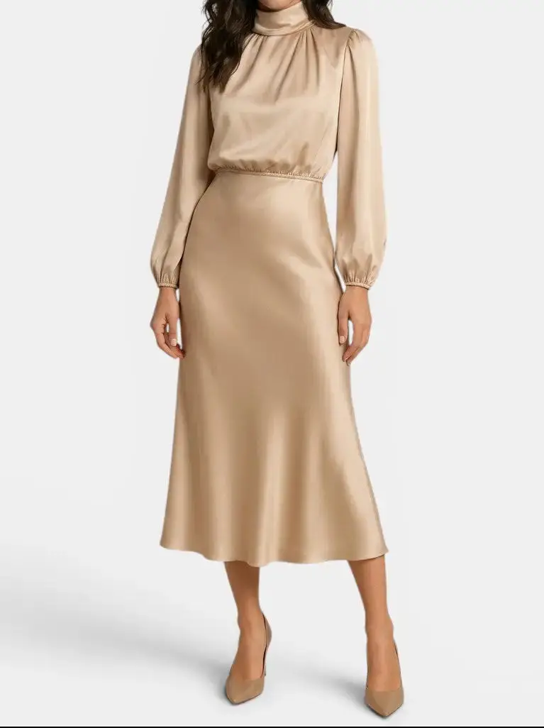 Women's Elegant High Neck Midi Dress | Sophisticated Long Sleeve Cocktail Gown