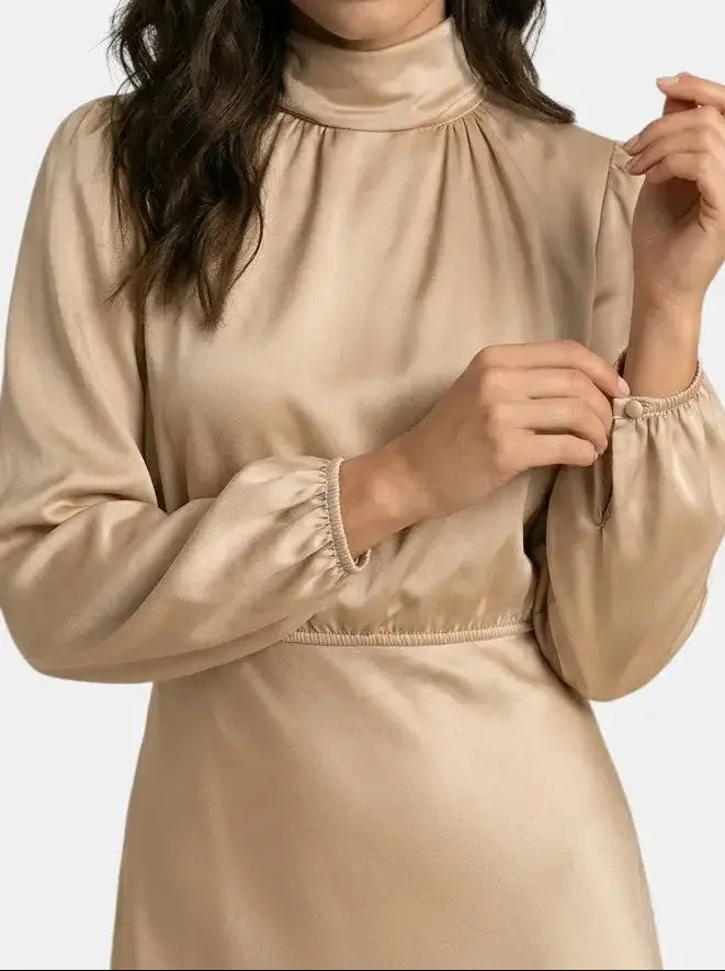 Women's Elegant High Neck Midi Dress | Sophisticated Long Sleeve Cocktail Gown