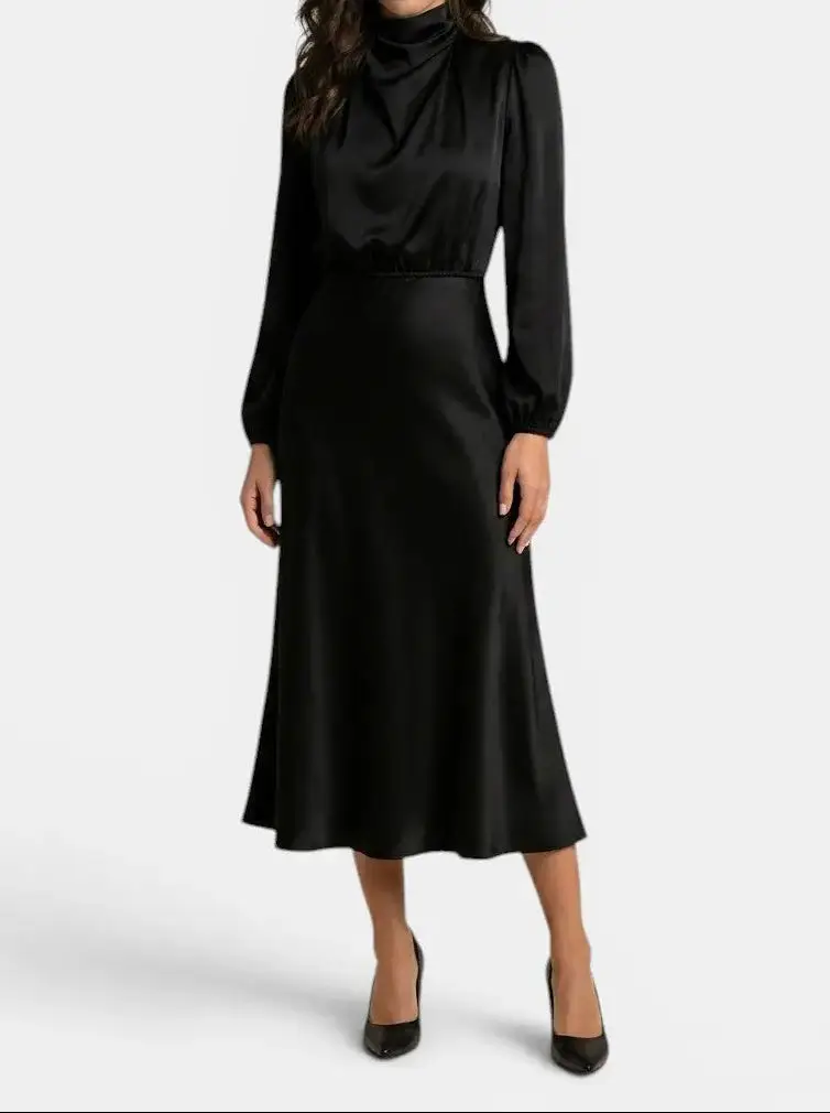 Women's Elegant High Neck Midi Dress | Sophisticated Long Sleeve Cocktail Gown