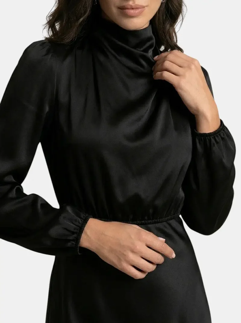 Women's Elegant High Neck Midi Dress | Sophisticated Long Sleeve Cocktail Gown