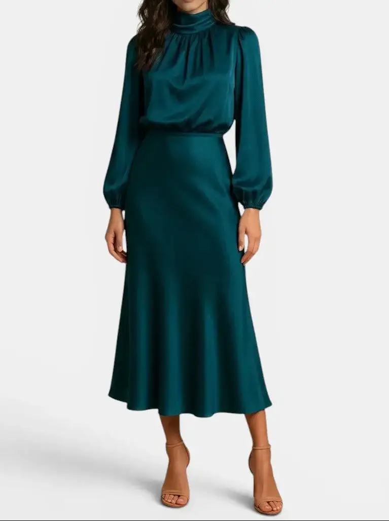Women's Elegant High Neck Midi Dress | Sophisticated Long Sleeve Cocktail Gown