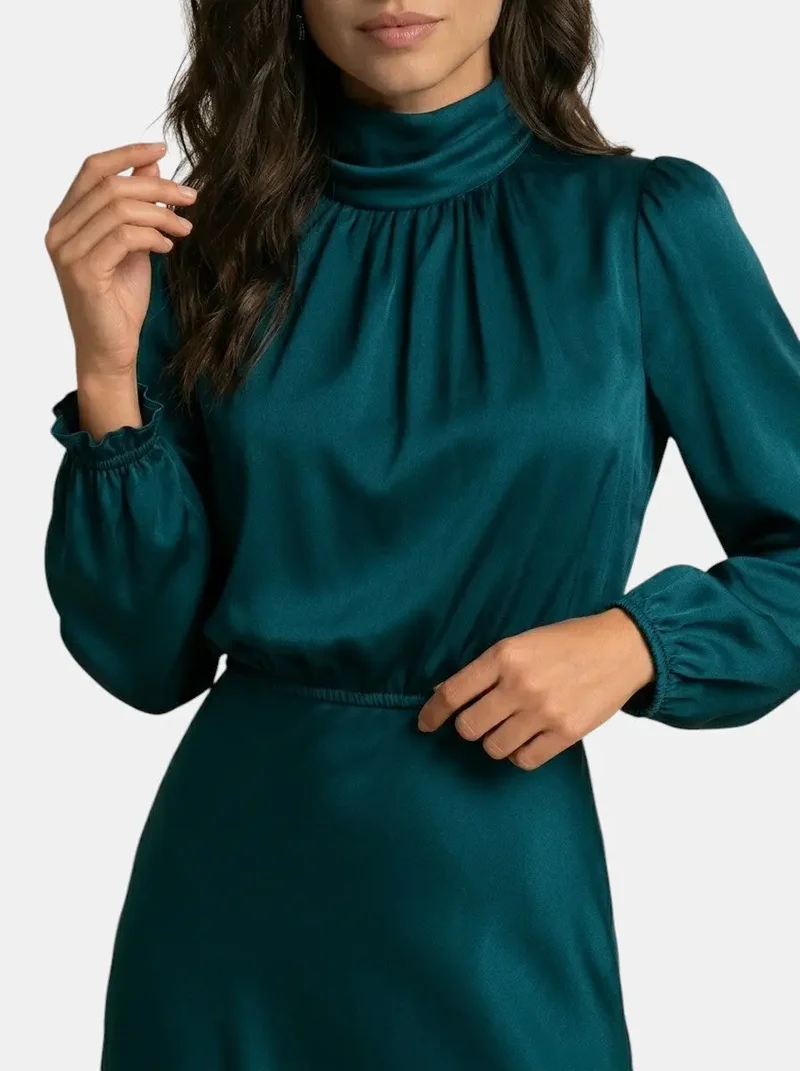 Women's Elegant High Neck Midi Dress | Sophisticated Long Sleeve Cocktail Gown
